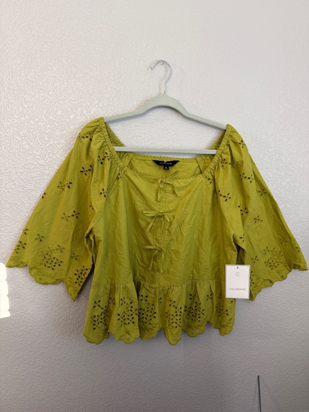 Calligraphie Lime Green Eyelet Tie-Front Peasant Blouse